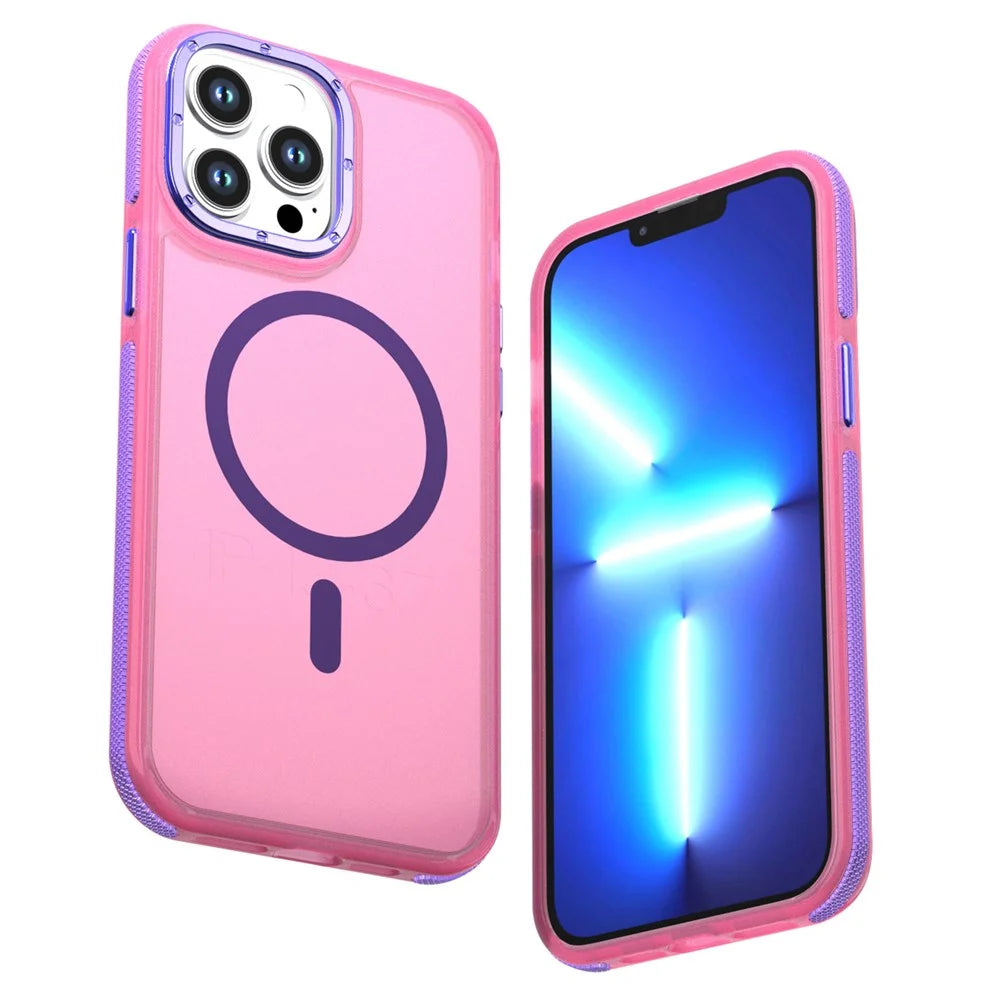 For iPhone 13 Pro Magnetic Case Color Blocking PC + TPU Anti-Fingerprint Phone Cover - Pink - 1