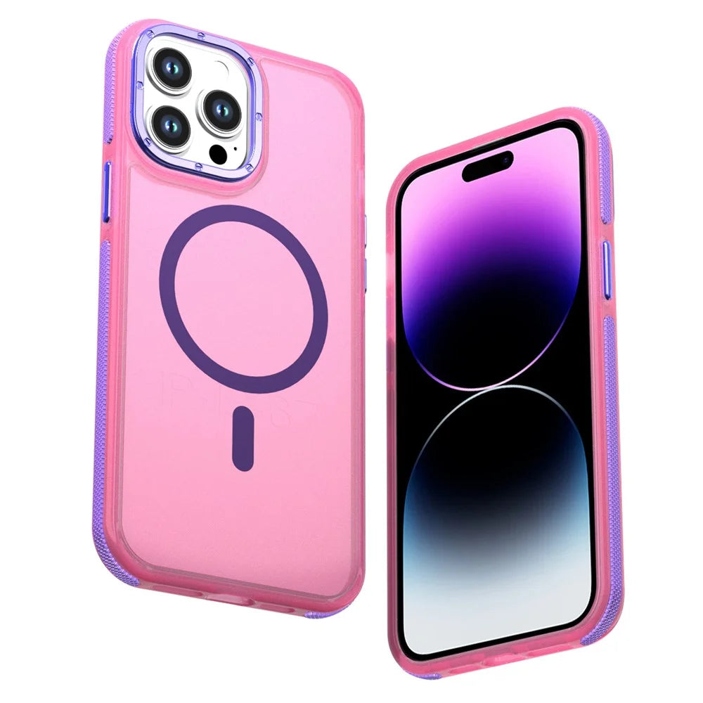 For iPhone 14 Pro Magnetic Case Color Blocking PC + TPU Anti-Fingerprint Phone Cover - Pink - 1