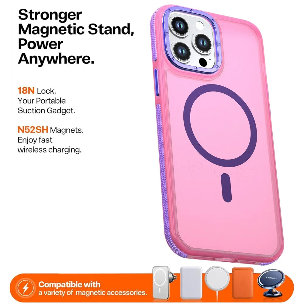 For iPhone 14 Pro Magnetic Case Color Blocking PC + TPU Anti-Fingerprint Phone Cover - Pink - 2