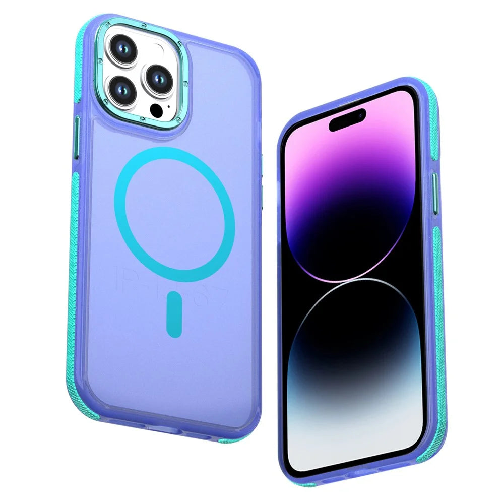 For iPhone 14 Pro Max Magnetic Case Color Blocking PC + TPU Anti-Fingerprint Phone Cover - Blue - 1