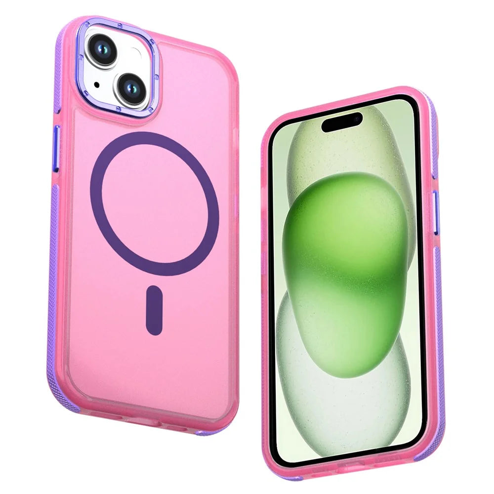 For iPhone 15 Magnetic Case Color Blocking PC + TPU Anti-Fingerprint Phone Cover - Pink - 1