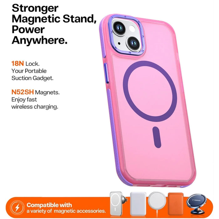 For iPhone 15 Magnetic Case Color Blocking PC + TPU Anti-Fingerprint Phone Cover - Pink - 2