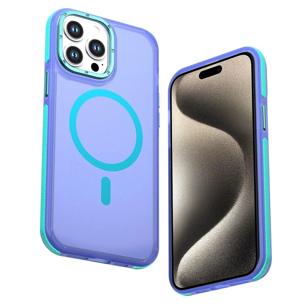 For iPhone 15 Pro Magnetic Case Color Blocking PC + TPU Anti-Fingerprint Phone Cover - Blue - 1
