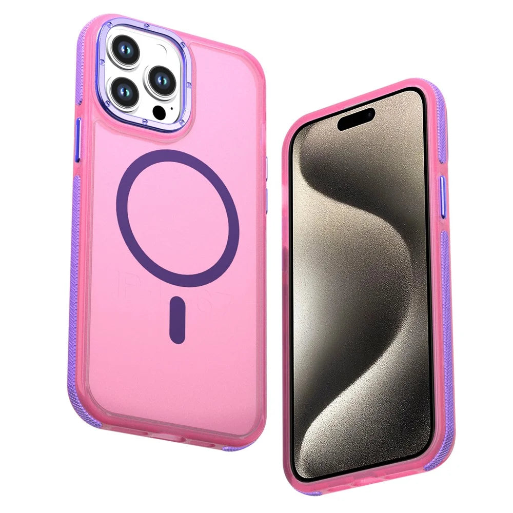 For iPhone 15 Pro Max Magnetic Case Color Blocking PC + TPU Anti-Fingerprint Phone Cover - Pink - 1