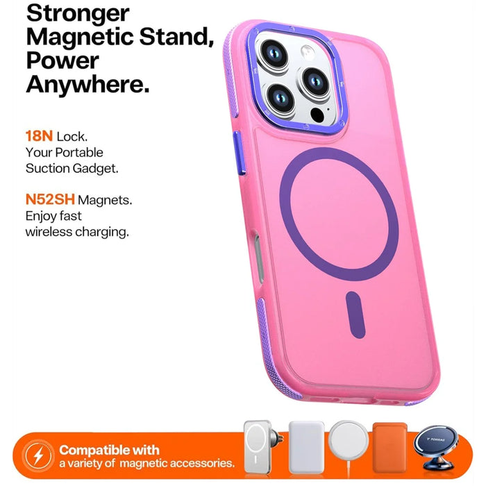 For iPhone 16 Pro Max Magnetic Case Color Blocking PC + TPU Anti-Fingerprint Phone Cover - Pink - 2