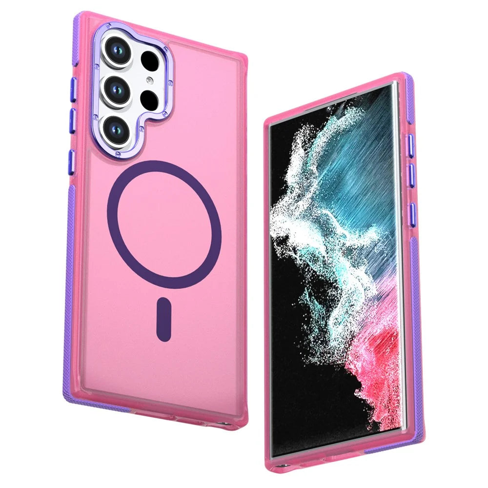 For Samsung Galaxy S22 Ultra 5G  /  Galaxy S23 Ultra Magnetic Case Color Blocking PC + TPU Anti-Fingerprint Phone Cover - Pink - 1