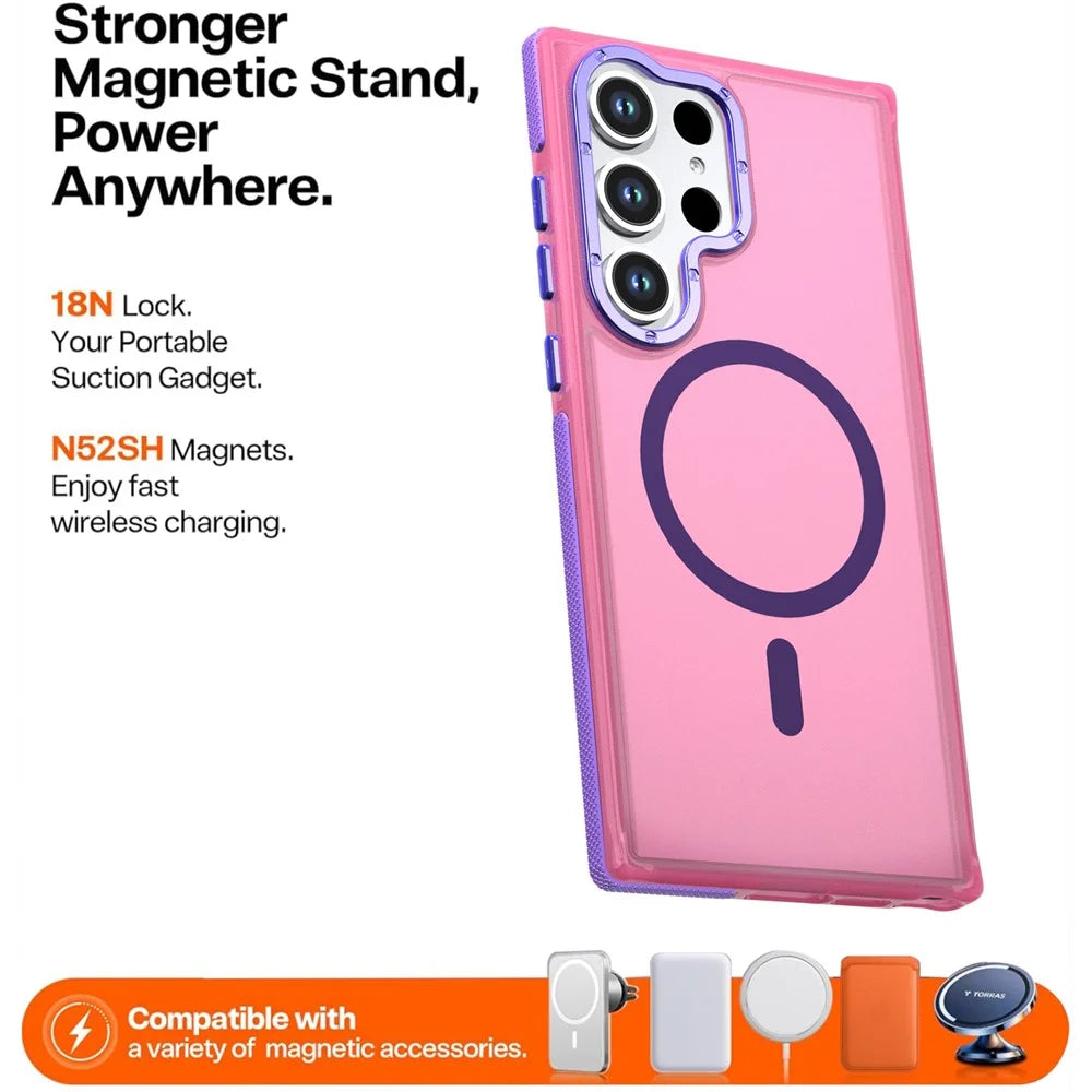 For Samsung Galaxy S22 Ultra 5G  /  Galaxy S23 Ultra Magnetic Case Color Blocking PC + TPU Anti-Fingerprint Phone Cover - Pink - 2