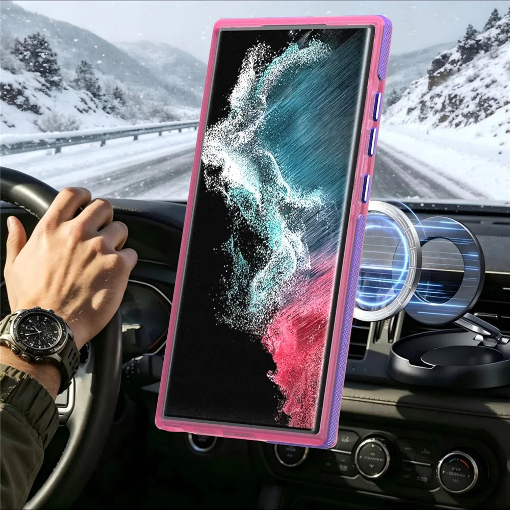 For Samsung Galaxy S22 Ultra 5G  /  Galaxy S23 Ultra Magnetic Case Color Blocking PC + TPU Anti-Fingerprint Phone Cover - Pink - 5