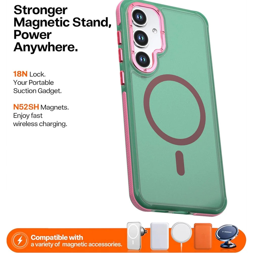For Samsung Galaxy S24+  /  Galaxy S25+ Magnetic Case Color Blocking PC + TPU Anti-Fingerprint Phone Cover - Green - 2