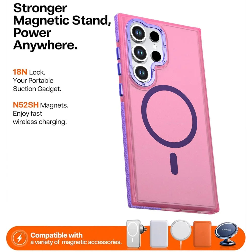 For Samsung Galaxy S25 Ultra Magnetic Case Color Blocking PC + TPU Anti-Fingerprint Phone Cover - Pink - 2