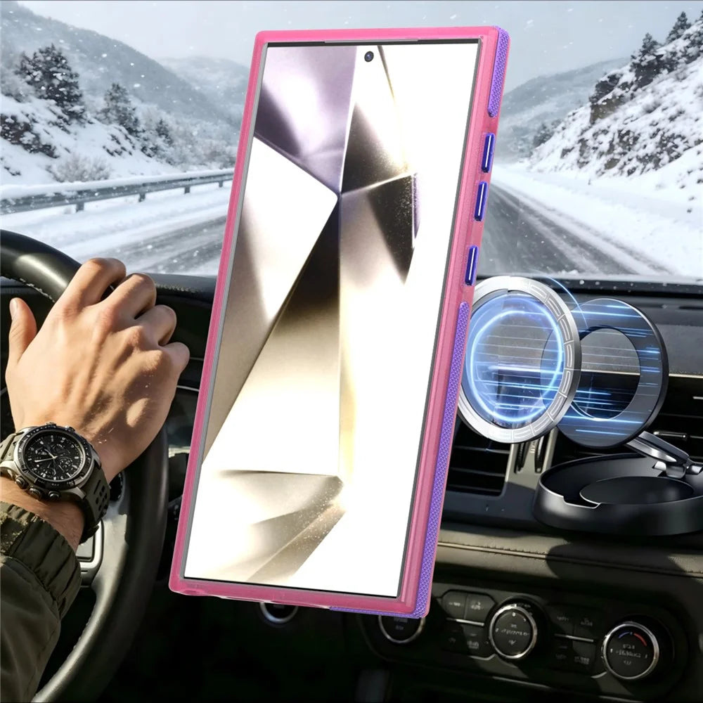 For Samsung Galaxy S25 Ultra Magnetic Case Color Blocking PC + TPU Anti-Fingerprint Phone Cover - Pink - 5