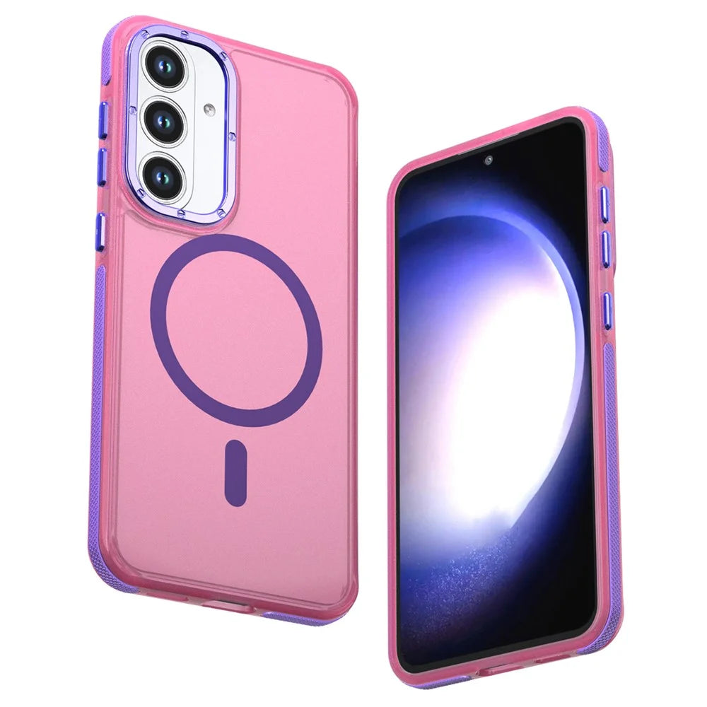 For Samsung Galaxy S25 FE Magnetic Case Color Blocking PC + TPU Anti-Fingerprint Phone Cover - Pink - 1