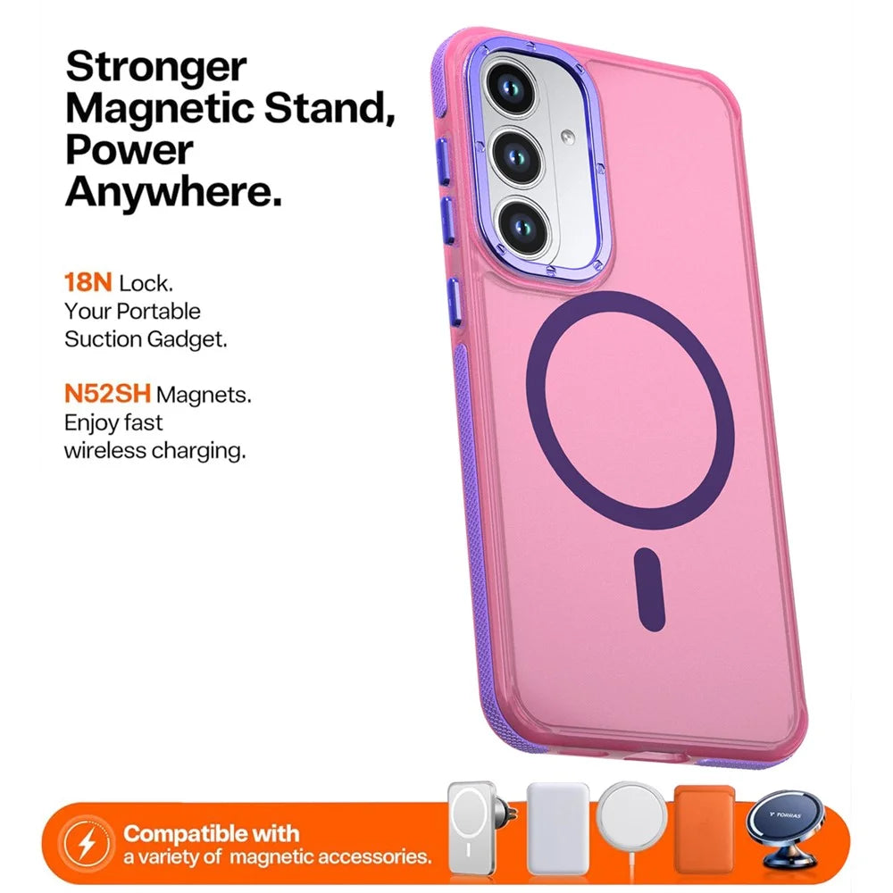 For Samsung Galaxy S25 FE Magnetic Case Color Blocking PC + TPU Anti-Fingerprint Phone Cover - Pink - 2