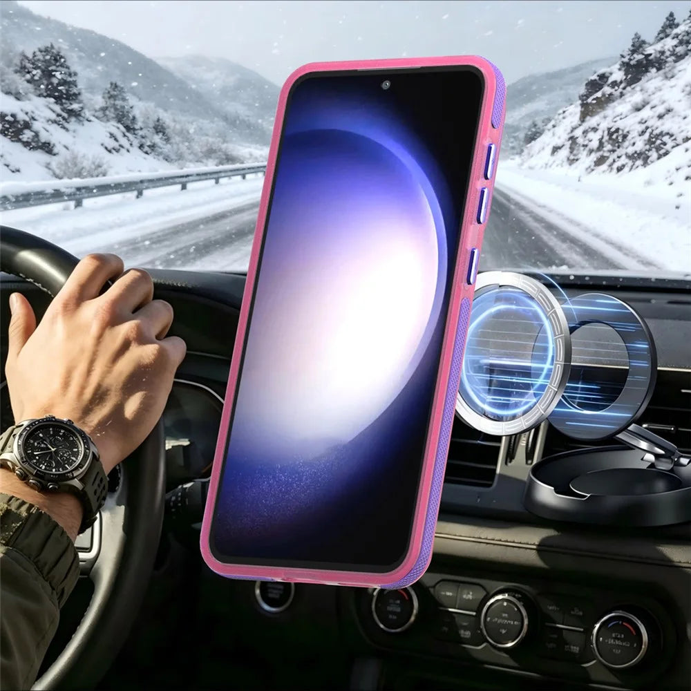 For Samsung Galaxy S25 FE Magnetic Case Color Blocking PC + TPU Anti-Fingerprint Phone Cover - Pink - 5