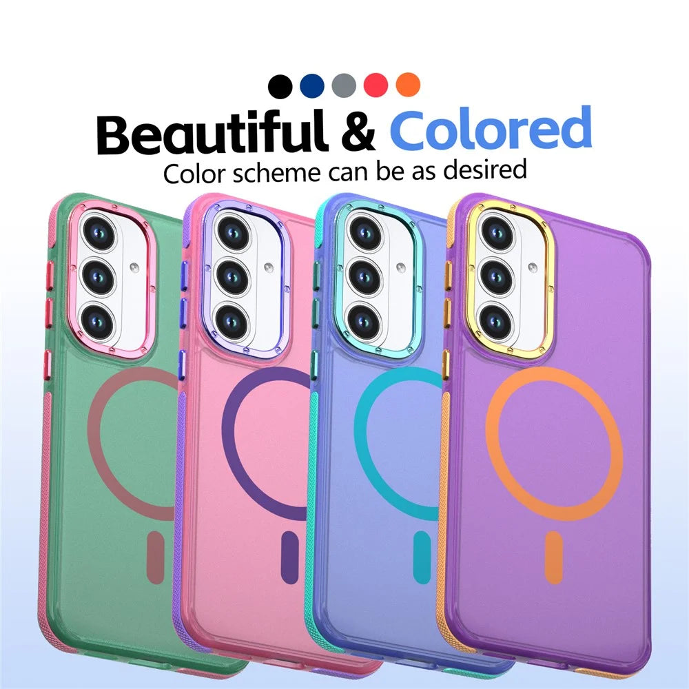 For Samsung Galaxy S25 FE Magnetic Case Color Blocking PC + TPU Anti-Fingerprint Phone Cover - Pink - 6