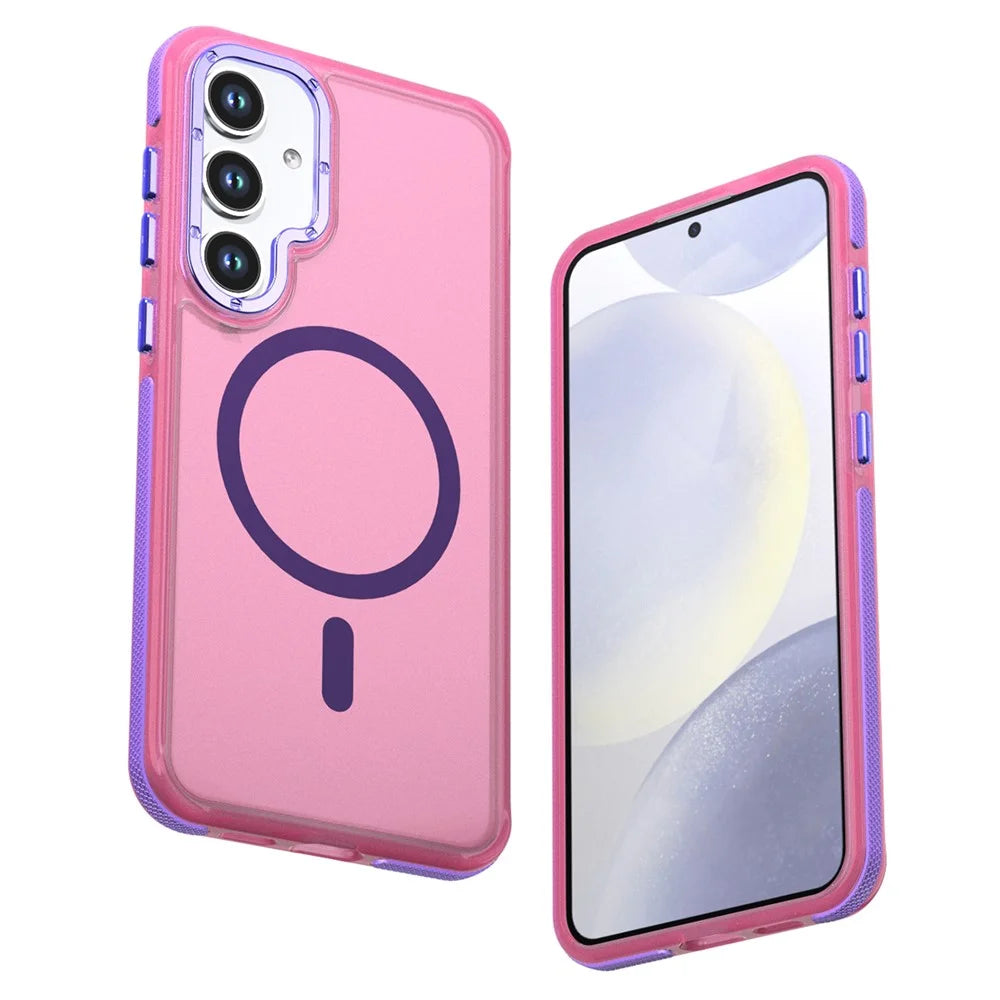 For Samsung Galaxy S26+ Magnetic Case Color Blocking PC + TPU Anti-Fingerprint Phone Cover - Pink - 1