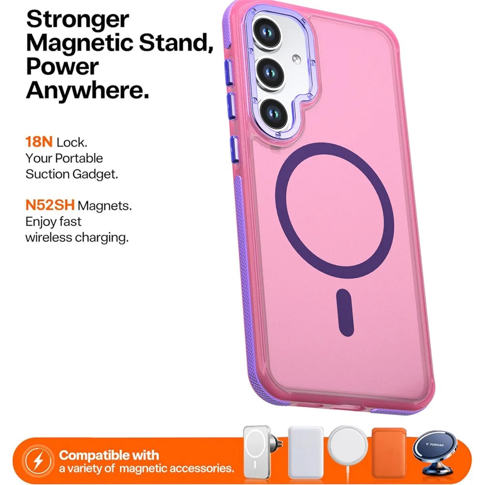 For Samsung Galaxy S26+ Magnetic Case Color Blocking PC + TPU Anti-Fingerprint Phone Cover - Pink - 2