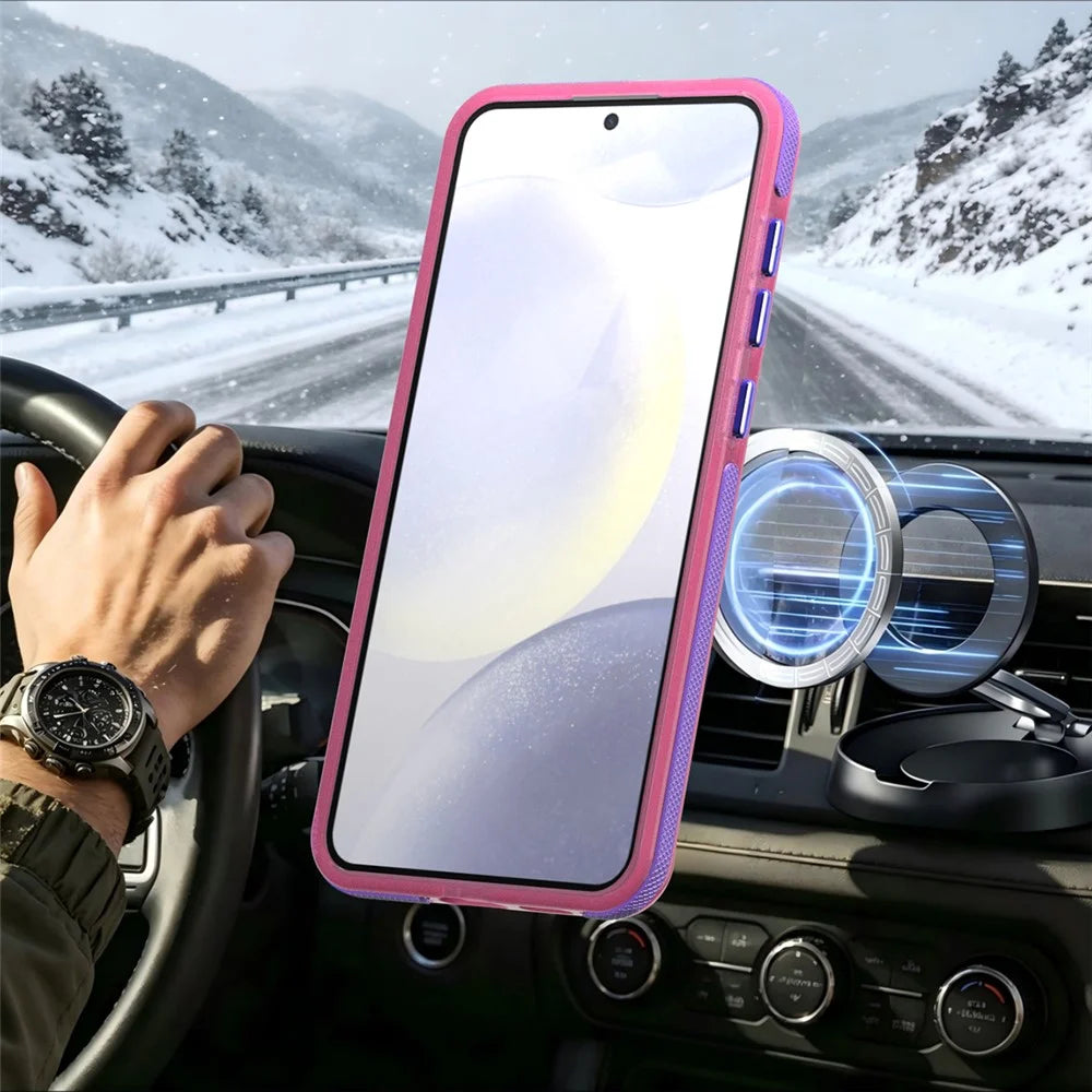 For Samsung Galaxy S26+ Magnetic Case Color Blocking PC + TPU Anti-Fingerprint Phone Cover - Pink - 5
