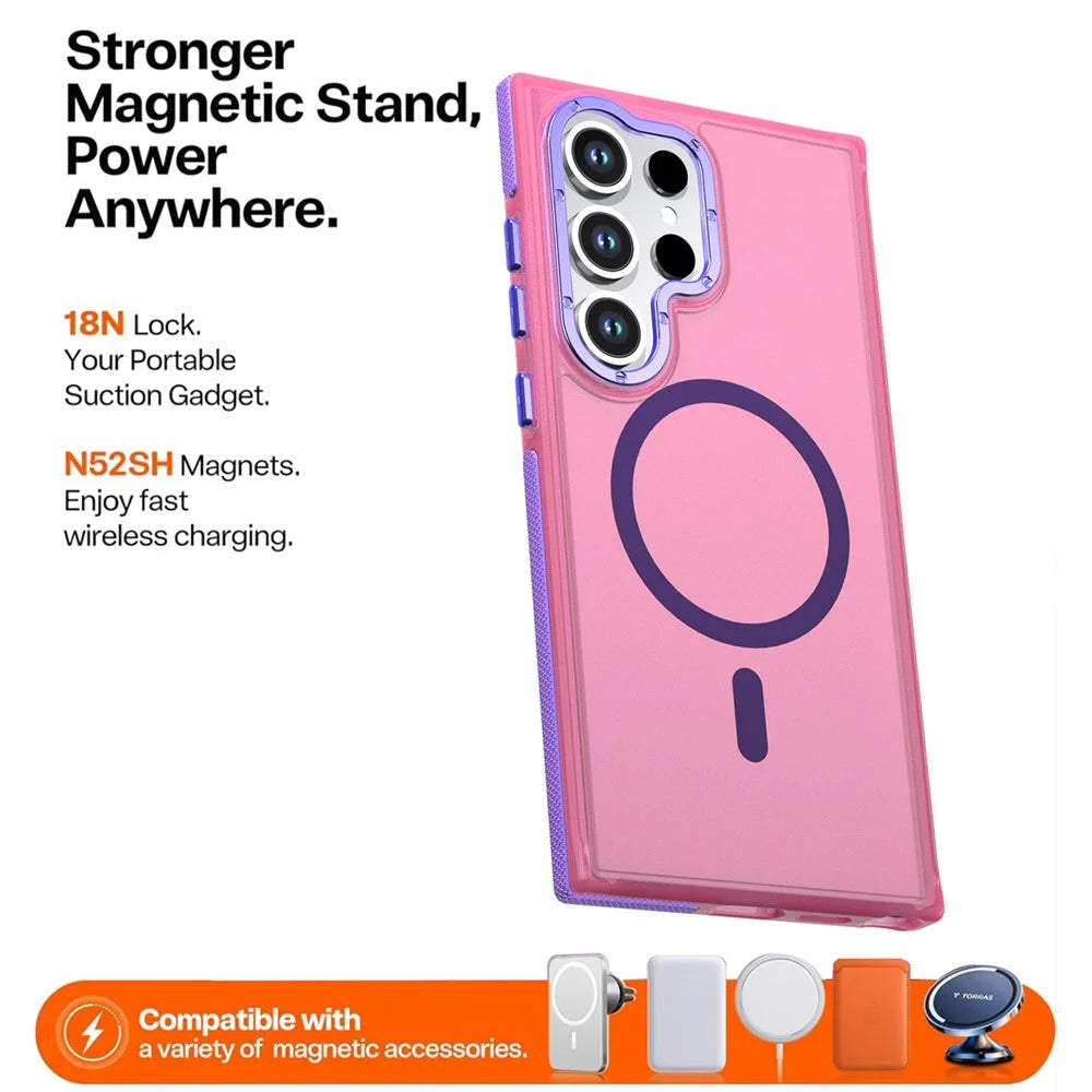 For Samsung Galaxy S26 Ultra Magnetic Case Color Blocking PC + TPU Anti-Fingerprint Phone Cover - Pink - 2
