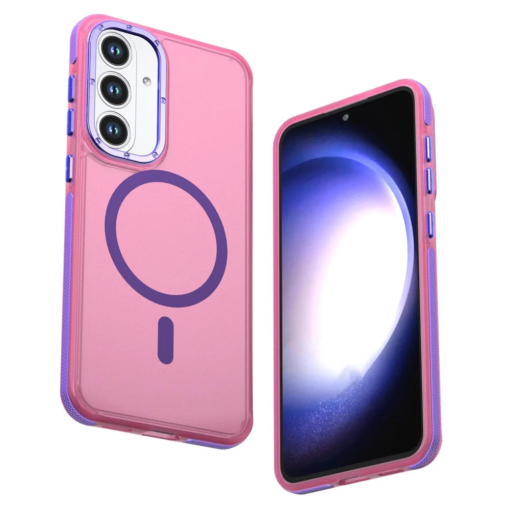 For Samsung Galaxy S26 FE Magnetic Case Color Blocking PC + TPU Anti-Fingerprint Phone Cover - Pink - 1
