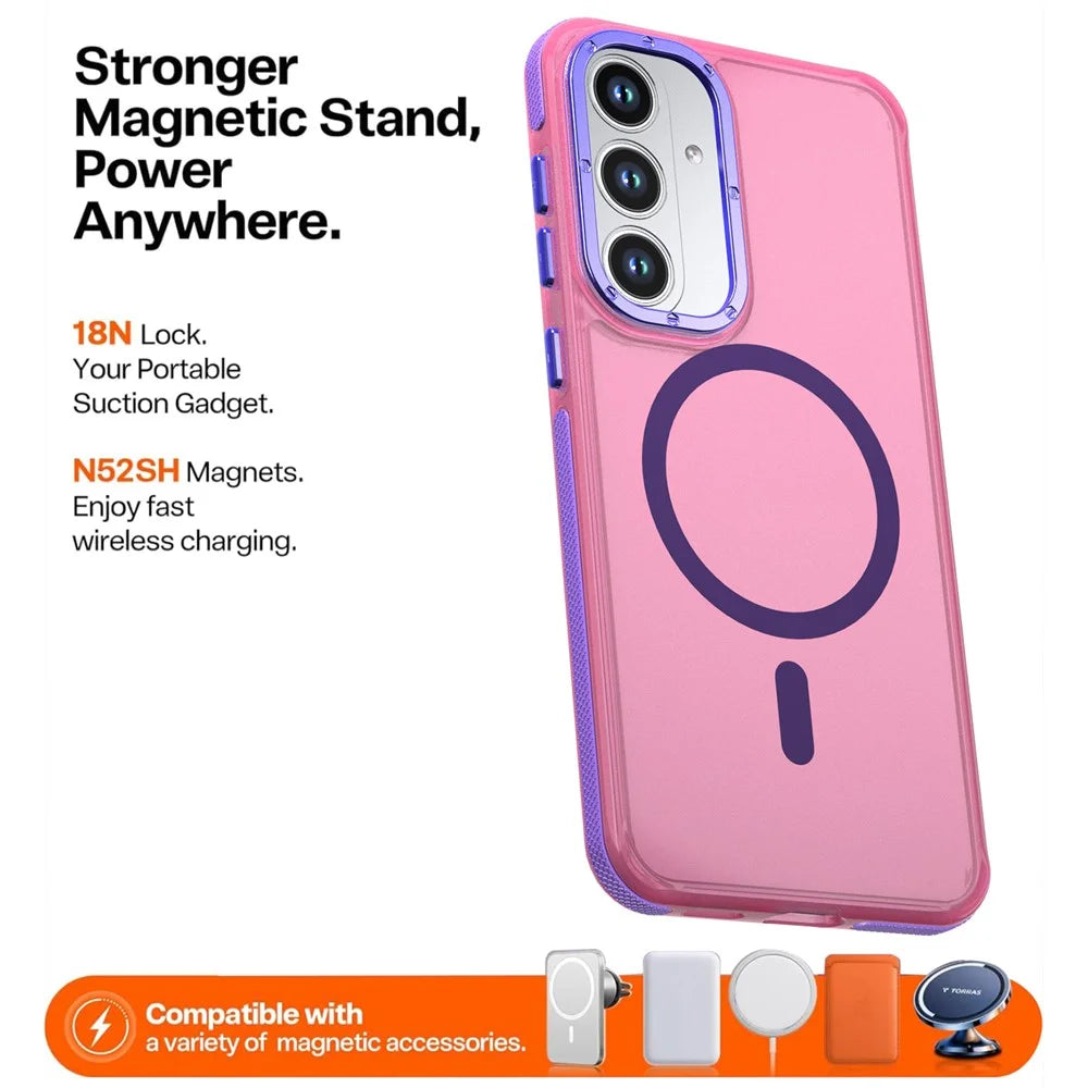 For Samsung Galaxy S26 FE Magnetic Case Color Blocking PC + TPU Anti-Fingerprint Phone Cover - Pink - 2