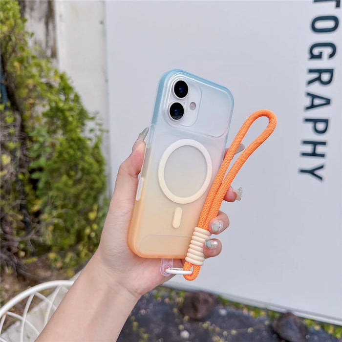 For iPhone 16 Magnetic Case with Hand Strap AI Touch Button Gradient Color TPU Phone Cover - Orange - 1