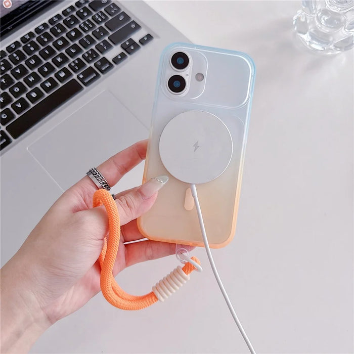 For iPhone 16 Magnetic Case with Hand Strap AI Touch Button Gradient Color TPU Phone Cover - Orange - 2