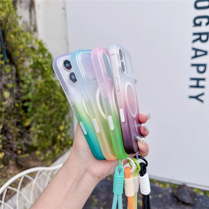 For iPhone 16 Magnetic Case with Hand Strap AI Touch Button Gradient Color TPU Phone Cover - Orange - 4