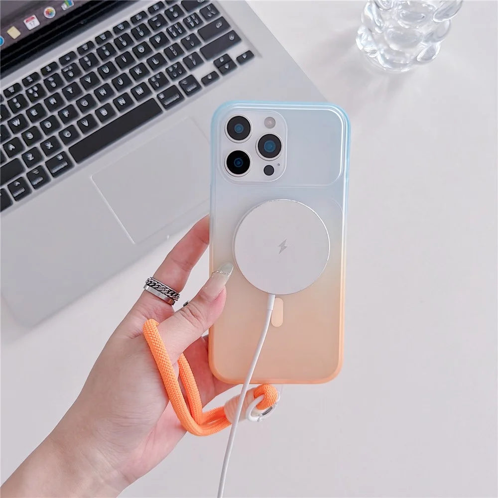 For iPhone 16 Pro Magnetic Case with Hand Strap AI Touch Button Gradient Color TPU Phone Cover - Orange - 2