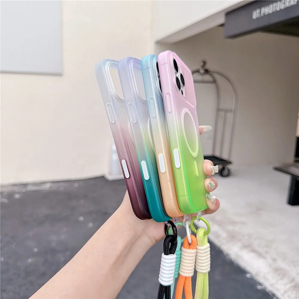 For iPhone 16 Pro Magnetic Case with Hand Strap AI Touch Button Gradient Color TPU Phone Cover - Orange - 4
