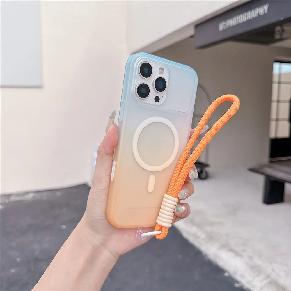 For iPhone 16 Pro Max Magnetic Case with Hand Strap AI Touch Button Gradient Color TPU Phone Cover - Orange - 1