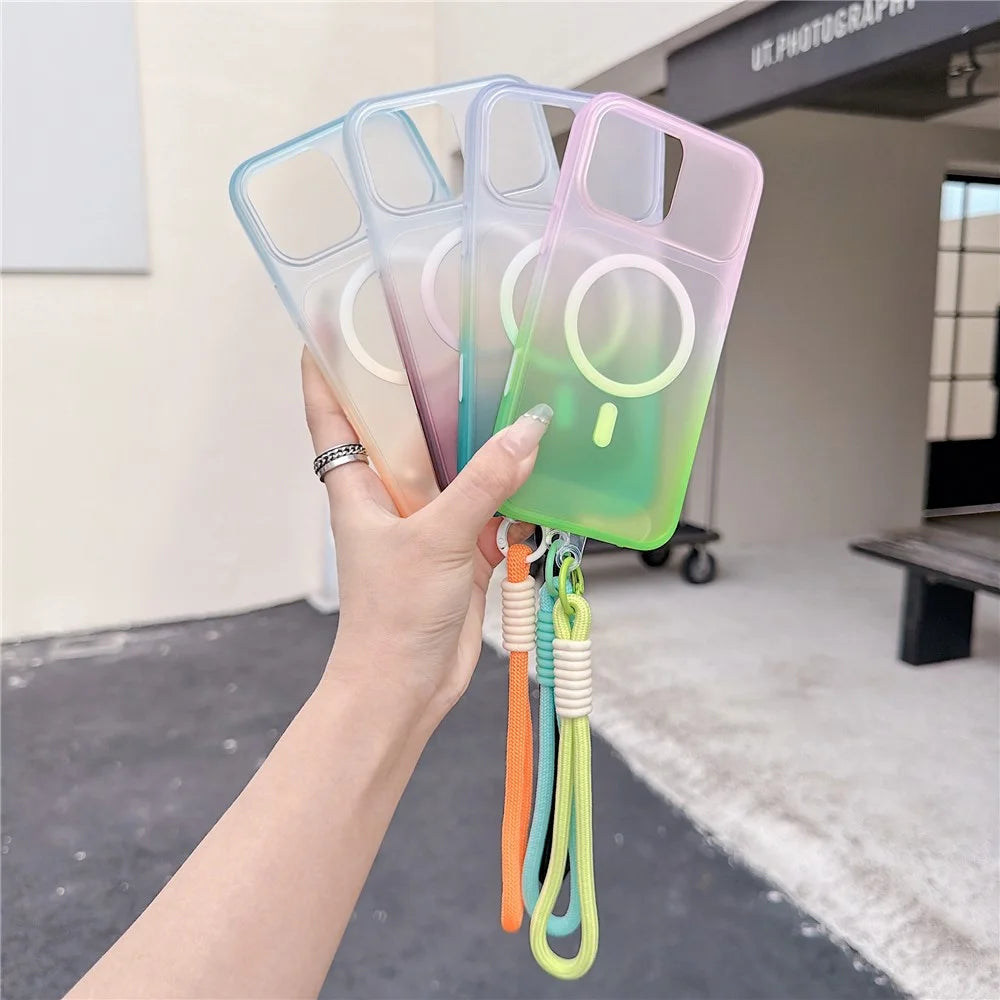 For iPhone 16 Pro Max Magnetic Case with Hand Strap AI Touch Button Gradient Color TPU Phone Cover - Orange - 6