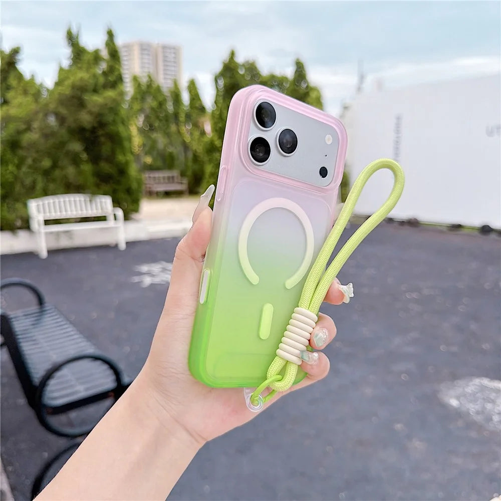 For iPhone 18 Pro / 17 Pro Magnetic Case with Hand Strap AI Touch Button Gradient Color TPU Phone Cover - Green - 1
