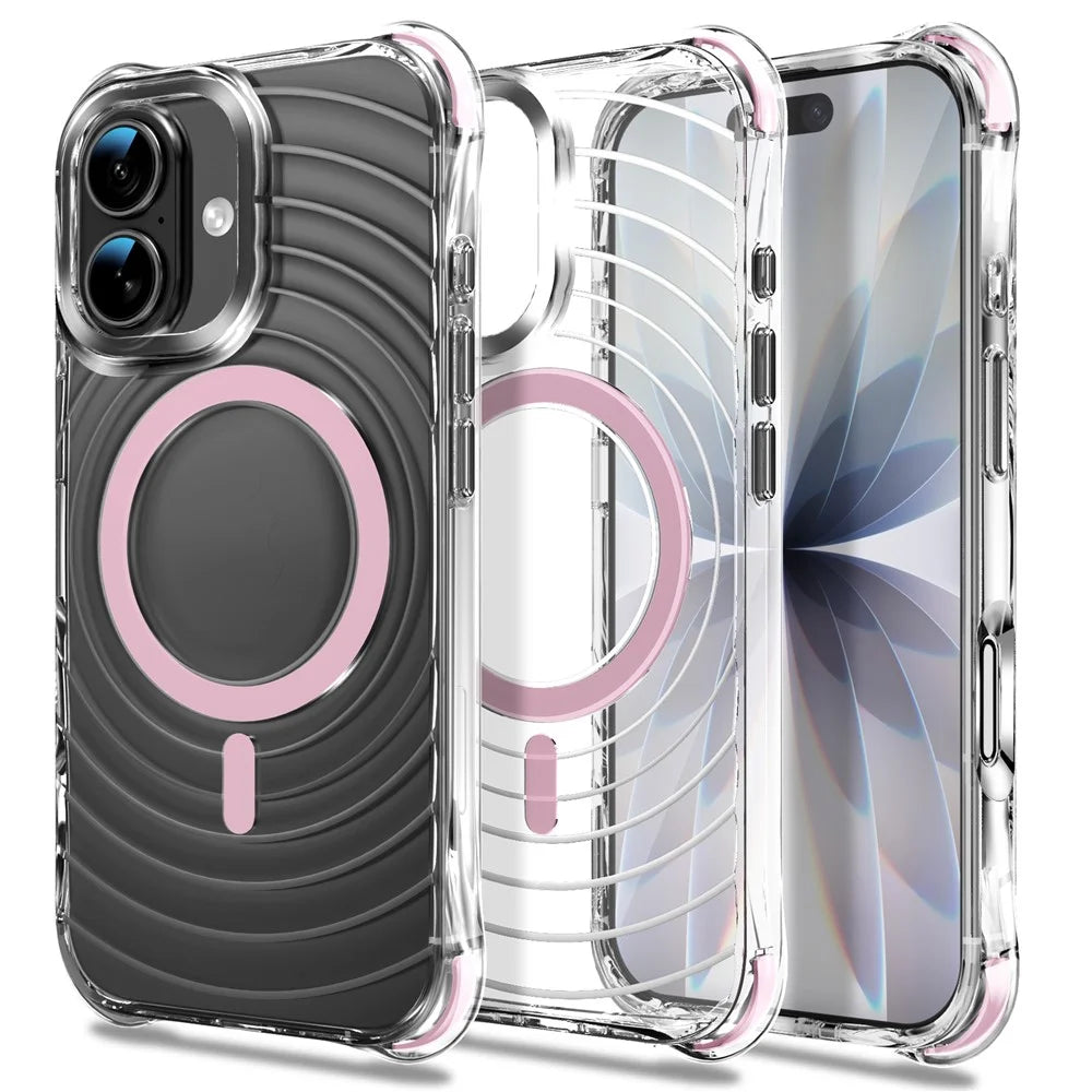 For iPhone 17 Magnetic Case Airbag Corner Shockproof Ripple TPU Phone Cover - Pink - 1
