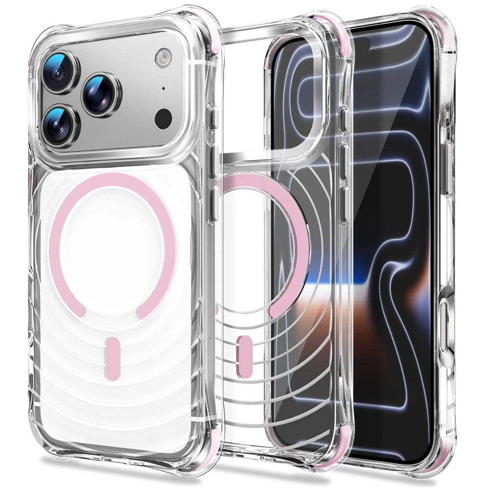 For iPhone 17 Pro Max Magnetic Case Airbag Corner Shockproof Ripple TPU Phone Cover - Pink - 1