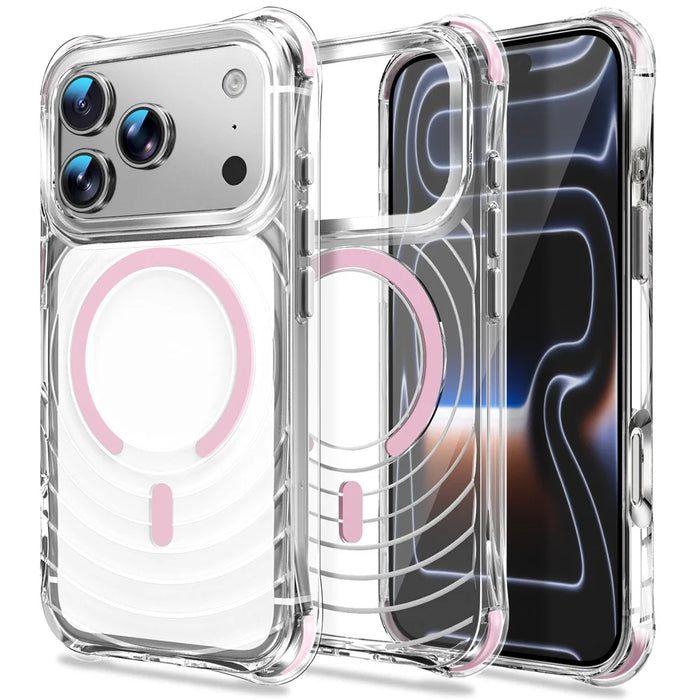 For iPhone 17 Pro Max Magnetic Case Airbag Corner Shockproof Ripple TPU Phone Cover - Pink - 1