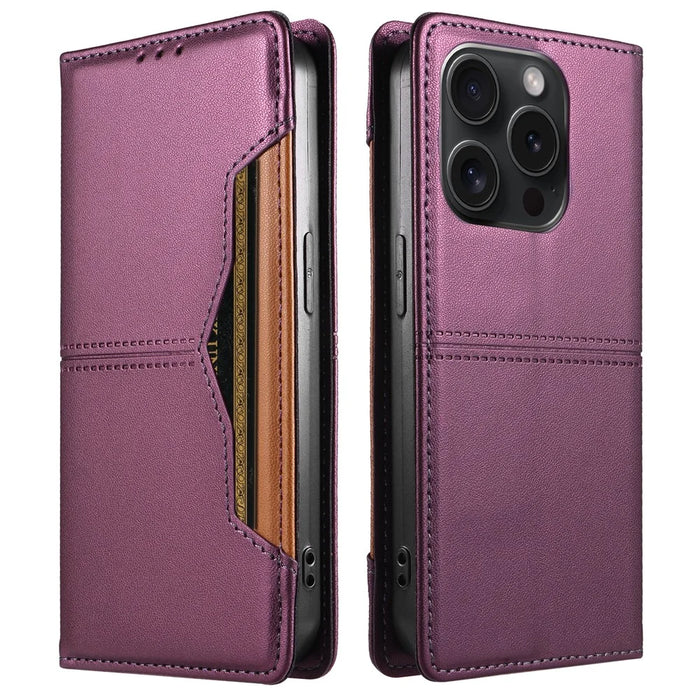 For iPhone 15 Pro Wallet Case External Card Slot Magnetic Closing Leather Phone Cover - Purple - 1