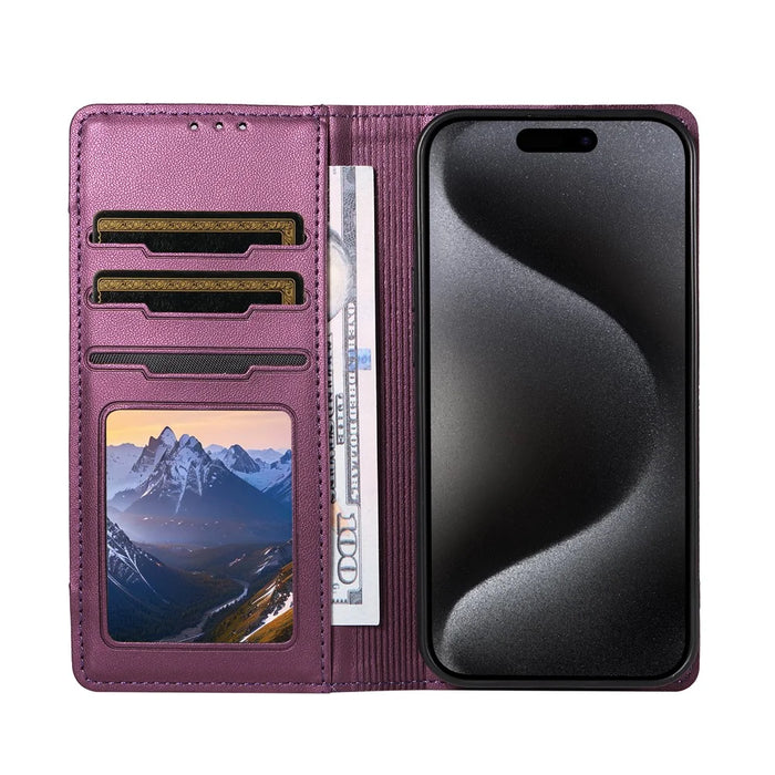 For iPhone 15 Pro Wallet Case External Card Slot Magnetic Closing Leather Phone Cover - Purple - 2
