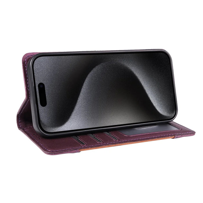 For iPhone 15 Pro Wallet Case External Card Slot Magnetic Closing Leather Phone Cover - Purple - 4