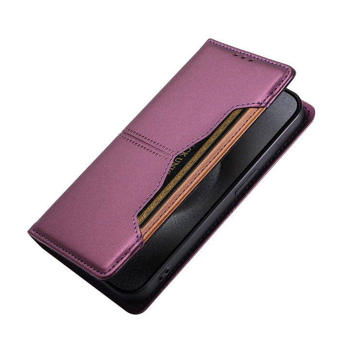 For iPhone 15 Pro Wallet Case External Card Slot Magnetic Closing Leather Phone Cover - Purple - 5