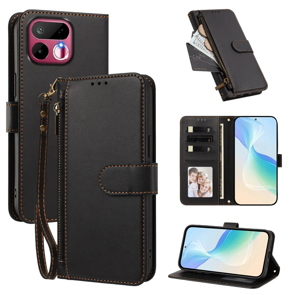 For Realme 16T 5G Case 4 Card Slots Wallet Stand PU Leather Phone Cover with Wrist Strap - Black - 1