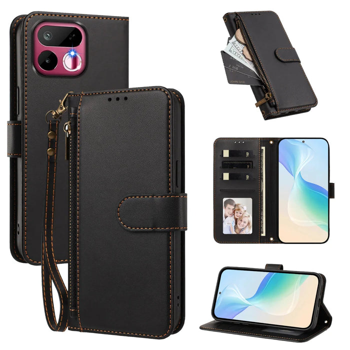 For Realme 16T 5G Case 4 Card Slots Wallet Stand PU Leather Phone Cover with Wrist Strap - Black - 1