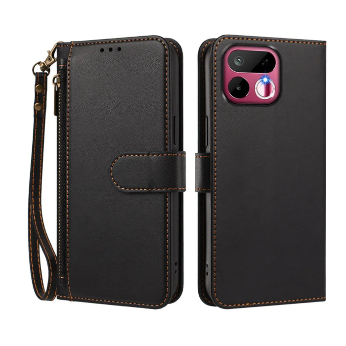 For Realme 16T 5G Case 4 Card Slots Wallet Stand PU Leather Phone Cover with Wrist Strap - Black - 2