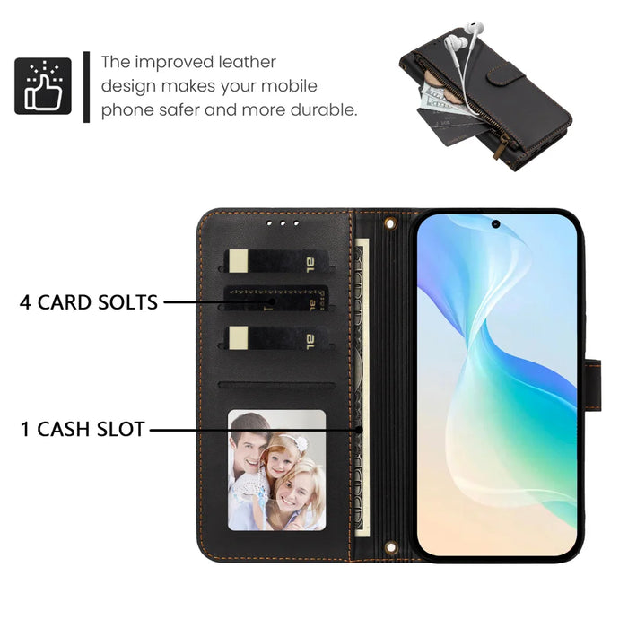For Realme 16T 5G Case 4 Card Slots Wallet Stand PU Leather Phone Cover with Wrist Strap - Black - 6