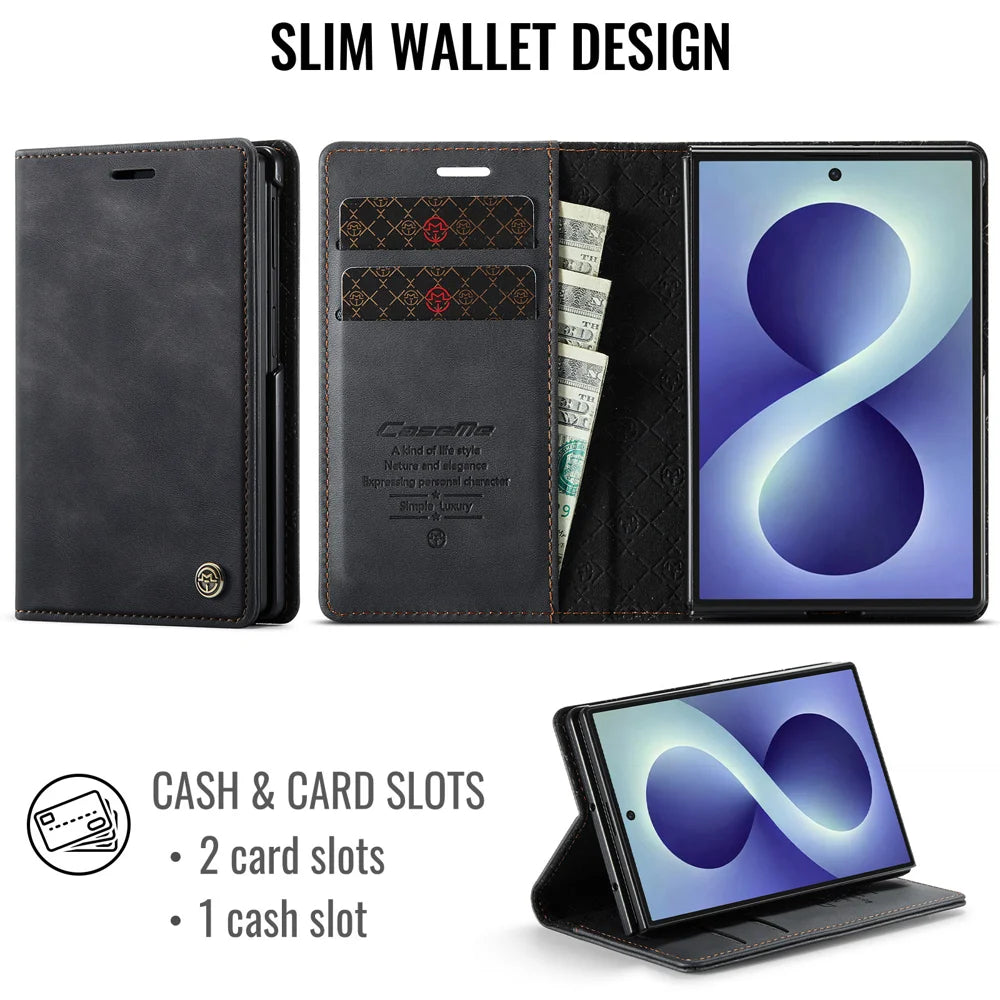 CASEME for Samsung Galaxy Z Fold8 Case  033 Series RFID Blocking Wallet Stand Calf Texture Leather Phone Cover - Black - 2