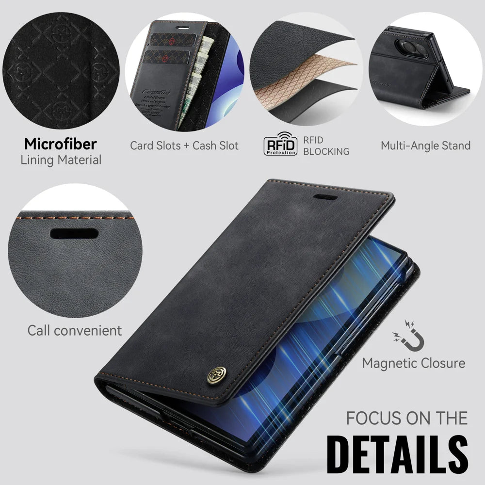 CASEME for Samsung Galaxy Z Fold8 Case  033 Series RFID Blocking Wallet Stand Calf Texture Leather Phone Cover - Black - 3