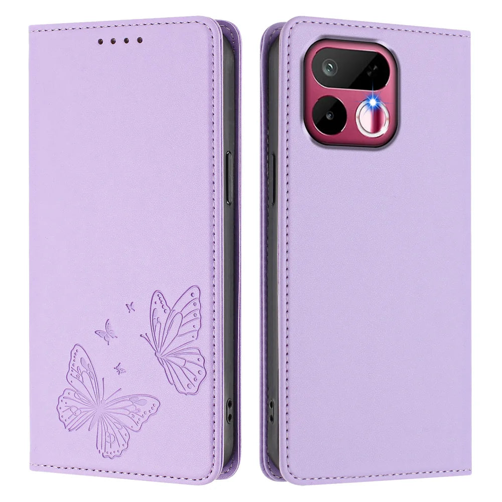 For Realme 16T 5G Wallet Case RFID Blocking Butterfly Imprinted Magnetic Flip Leather Cover - Light Purple - 1