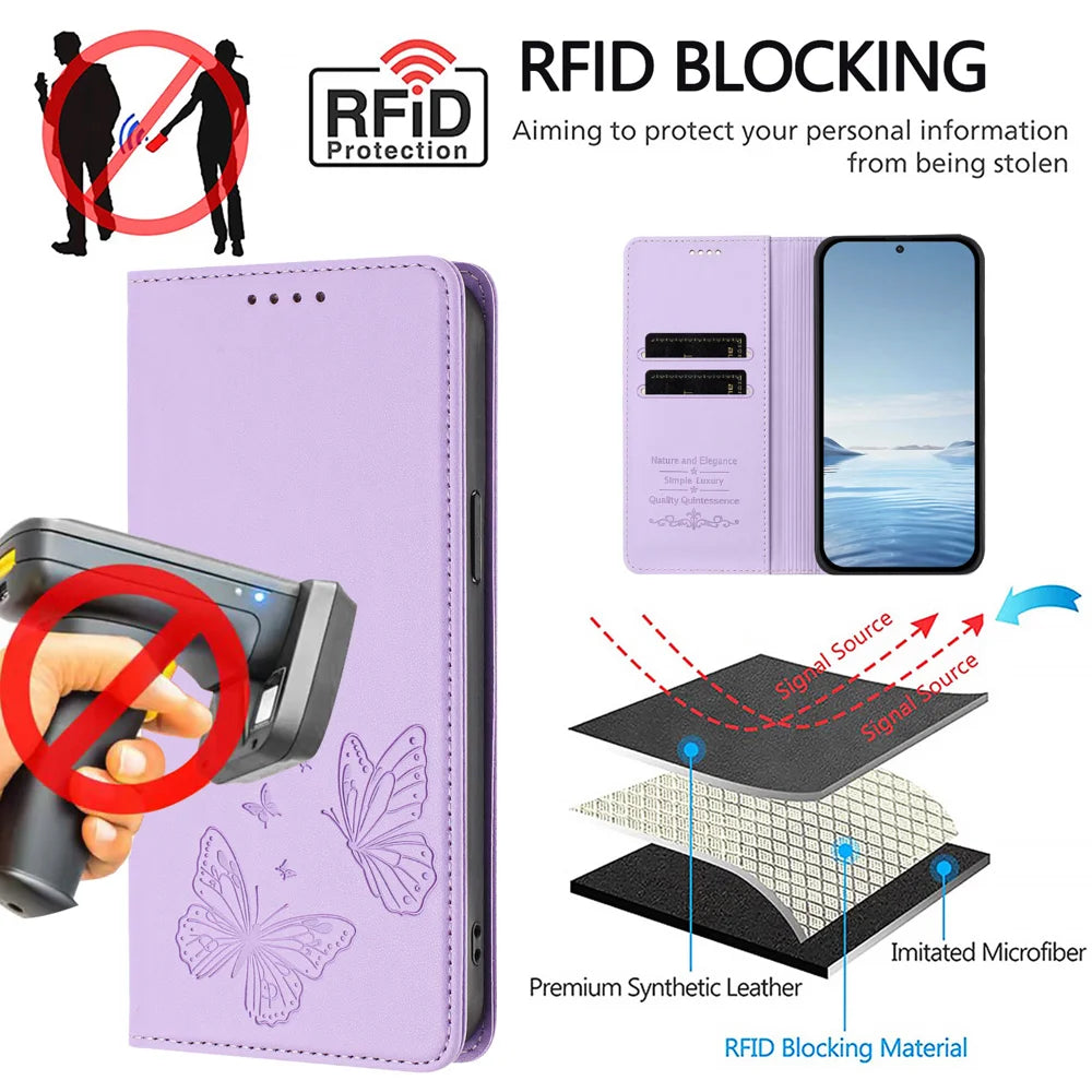 For Realme 16T 5G Wallet Case RFID Blocking Butterfly Imprinted Magnetic Flip Leather Cover - Light Purple - 7