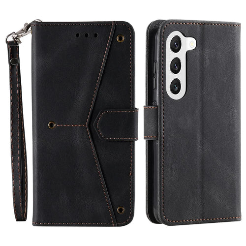 For Samsung Galaxy S23+ Splicing Stitching PU Leather Stand Case Magnetic Clasp Phone Wallet Cover - Black - 1