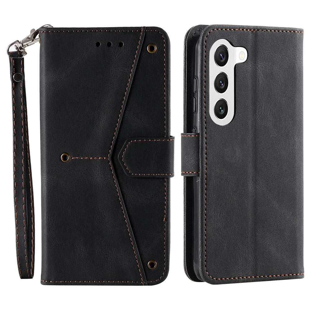 For Samsung Galaxy S23+ Splicing Stitching PU Leather Stand Case Magnetic Clasp Phone Wallet Cover - Black - 1